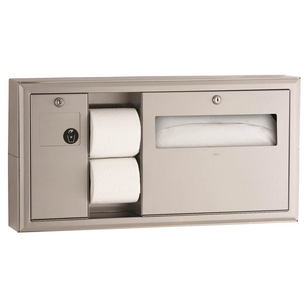 Bobrick Surface-Mounted Toilet Tissue, Seat-Cover Dispenser and Waste Disposal, 
Left Side