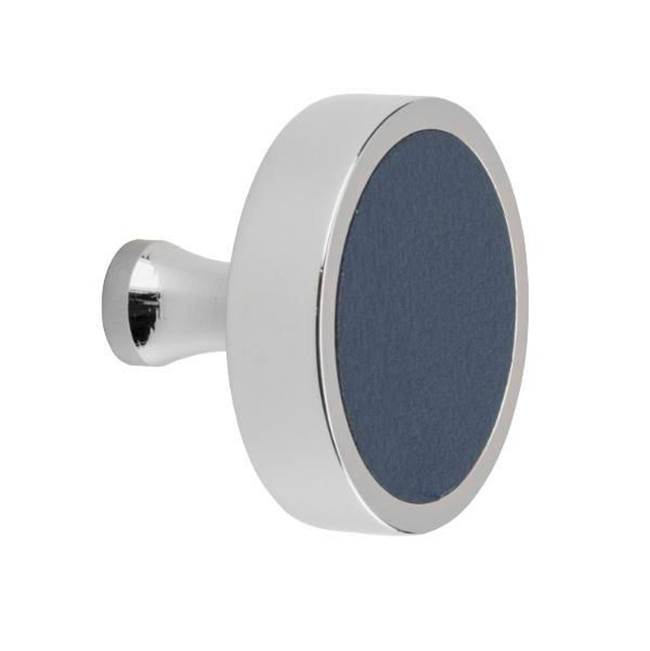 Colonial Bronze Leather Accented Round Cabinet Knob With Flared Post, Frost Chrome x Shagreen Gris Ligero Leather