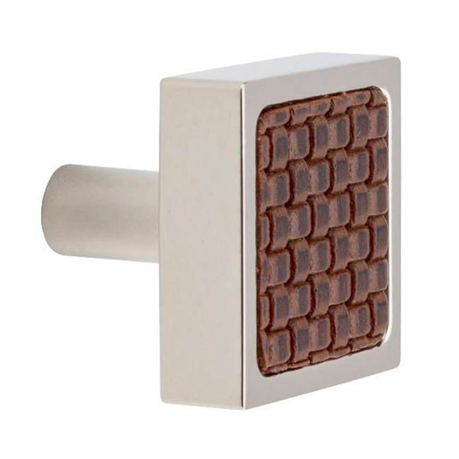 Colonial Bronze Leather Accented Square Cabinet Knob With Straight Post, Unlacquered Satin Brass x Shagreen Smokey Leather