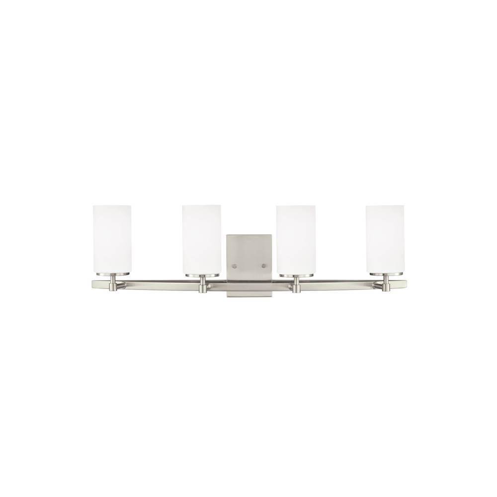 Generation Lighting Alturas Contemporary 4-Light Led Indoor Dimmable Bath Vanity Wall Sconce In Brushed Nickel Silver Finish With Etched White Inside Glass Shades