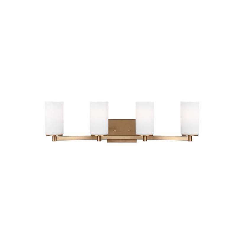 Generation Lighting Hettinger Traditional Indoor Dimmable 4-Light Wall Bath Sconce In A Satin Brass Finish With Etched White Glass Shades