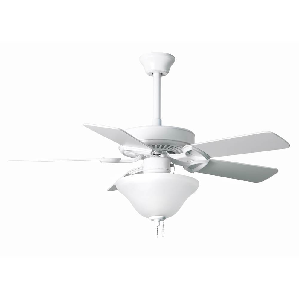 Matthews Fan Company America 3-speed ceiling fan in gloss white finish with 42'' white blades and light kit (2 x GU24 Socket). Made in Taiwan