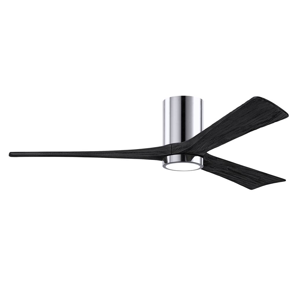 Matthews Fan Company Irene-3HLK three-blade flush mount paddle fan in Polished Chrome finish with 60'' solid matte black wood blades and integrated LED light kit.