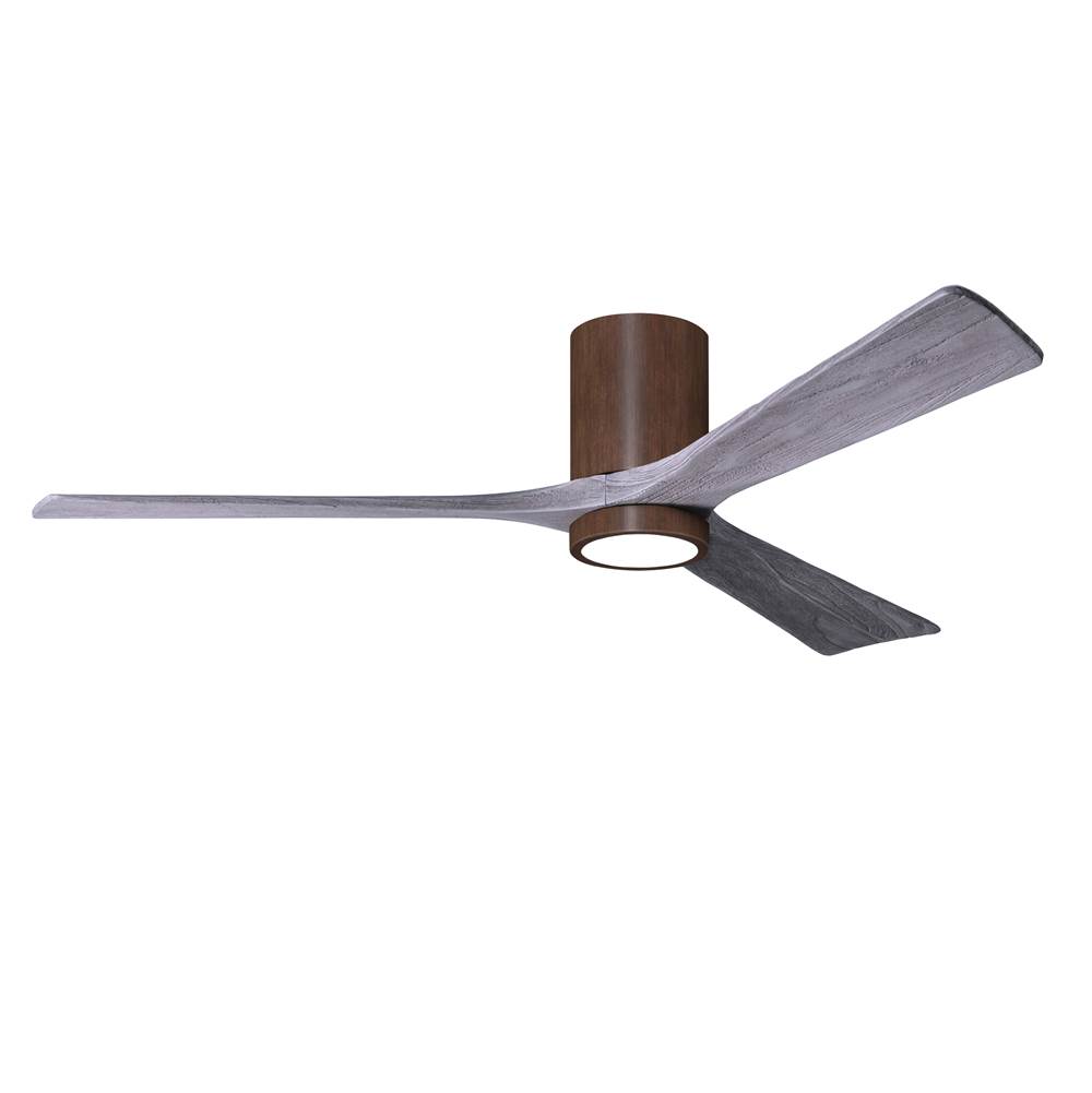 Matthews Fan Company Irene-3HLK three-blade flush mount paddle fan in Walnut finish with 60'' solid barn wood tone blades and integrated LED light kit.