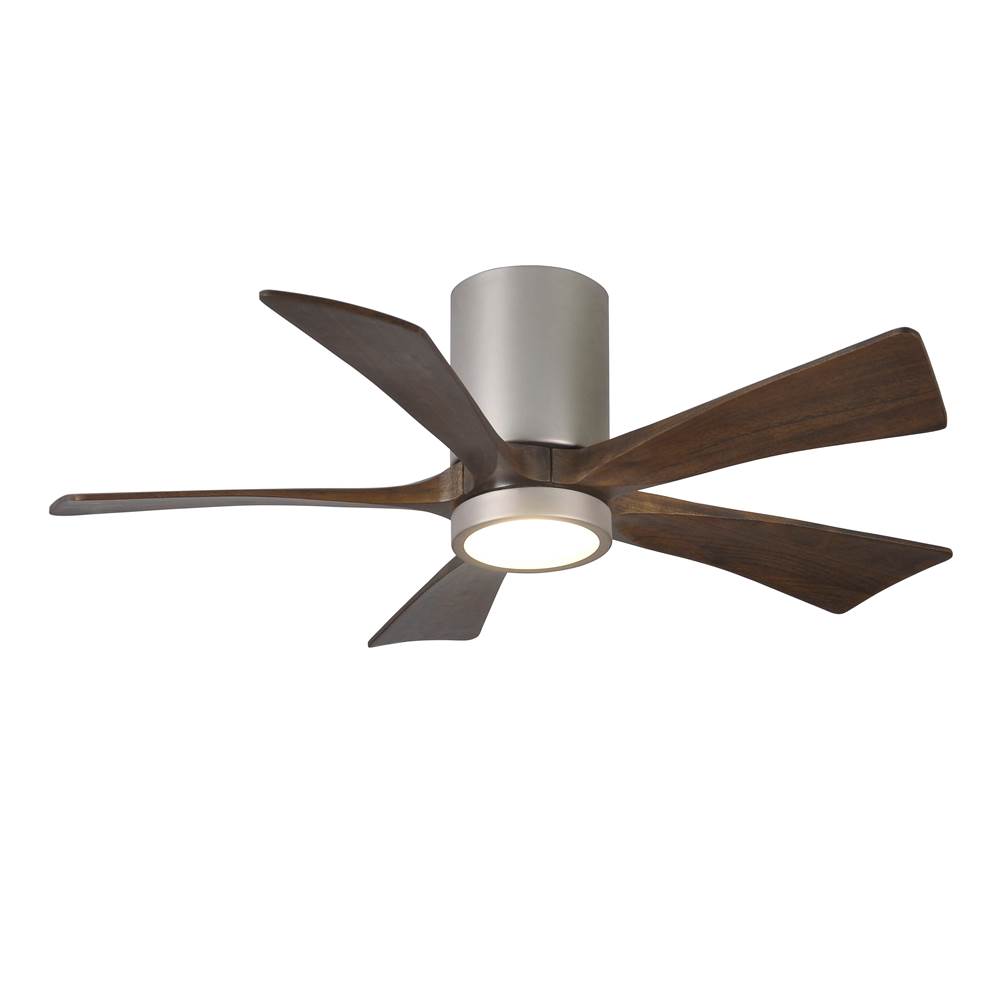 Matthews Fan Company IR5HLK five-blade flush mount paddle fan in Brushed Nickel finish with 42'' solid walnut tone blades and integrated LED light kit.