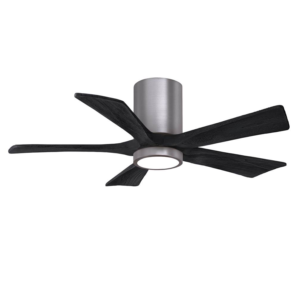 Matthews Fan Company IR5HLK five-blade flush mount paddle fan in Brushed Pewter finish with 42'' Matte Black blades and integrated LED light kit.