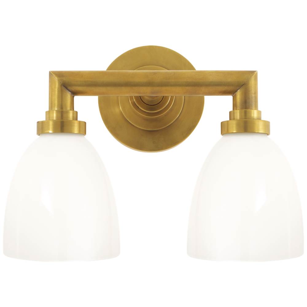 Visual Comfort Signature Collection Wilton Double Bath Light in Hand-Rubbed Antique Brass with White Glass
