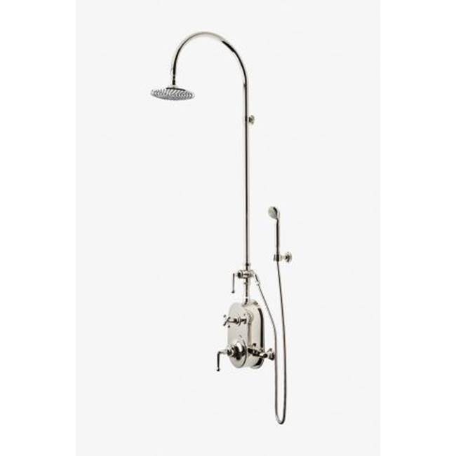Waterworks DISCONTINUED DashExposed Thermostatic Shower System with 8'' Shower Head, Handshower, Metal Lever Diverter Handle, Metal Lever and Cross Handle in Carbon, 2.5gpm