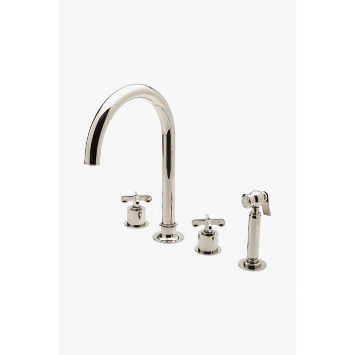 Waterworks Henry Three Hole Gooseneck Kitchen Faucet, Metal Cross Handles and Spray in Copper