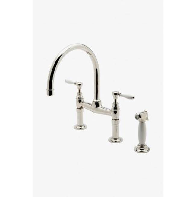 Waterworks Easton Vintage Two Hole Bridge Gooseneck Kitchen Faucet, White Porcelain Lever Handles and Spray in Burnished Nickel, 1.75gpm