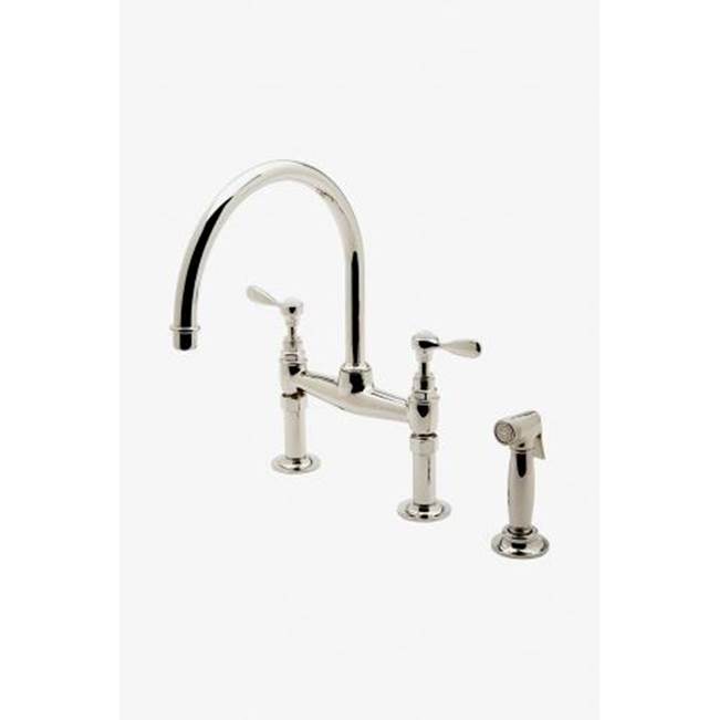 Waterworks Easton Vintage Two Hole Bridge Gooseneck Kitchen Faucet, Metal Lever Handles and Spray in Burnished Brass