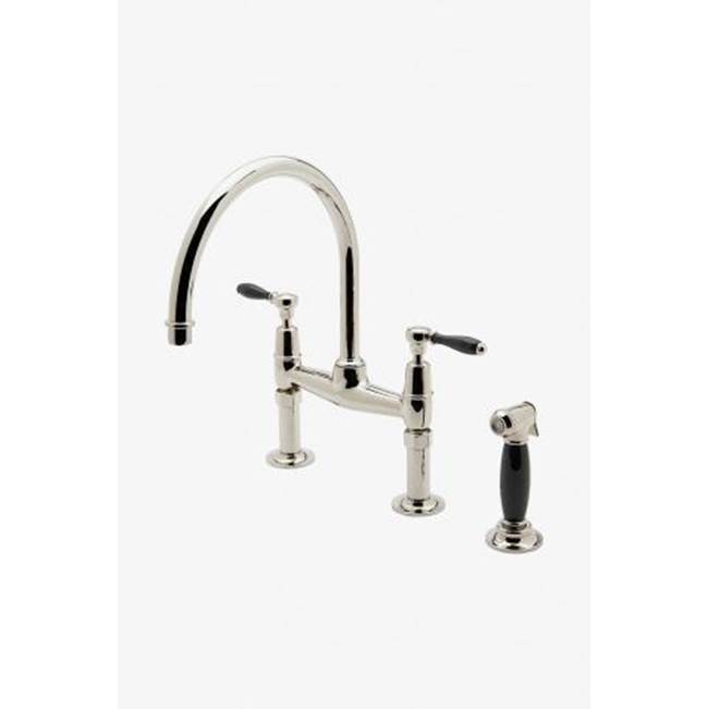 Waterworks Easton Classic Two Hole Bridge Gooseneck Kitchen Faucet, Black Porcelain Lever Handles and Spray in Gold, 1.75gpm