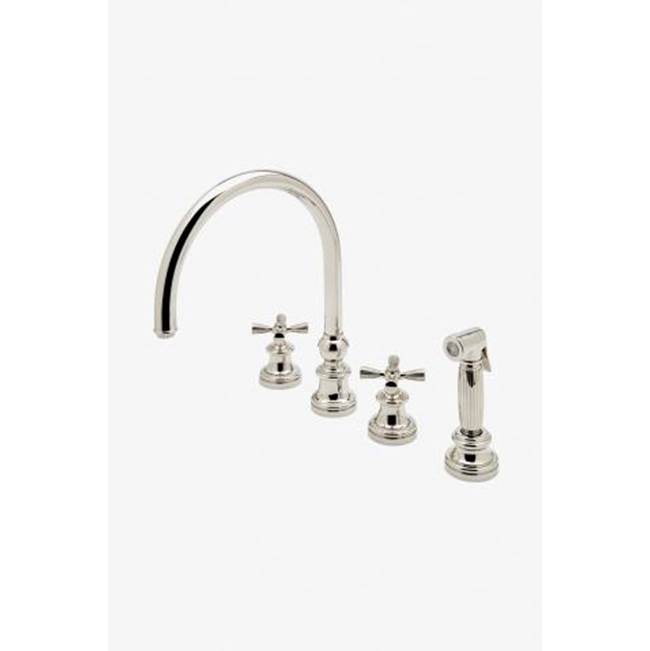 Waterworks Foro Three Hole Gooseneck Kitchen Faucet, Metal Cross Handles and Spray in Burnished Nickel, 1.75gpm (6.6L/min)